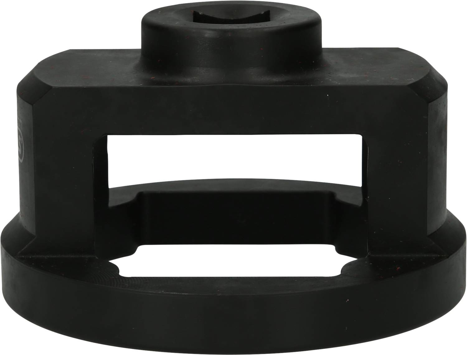 Sort, cylindrisk plastikdel med rektangulær åbning i midten, muligvis en speciel holder eller adapter.