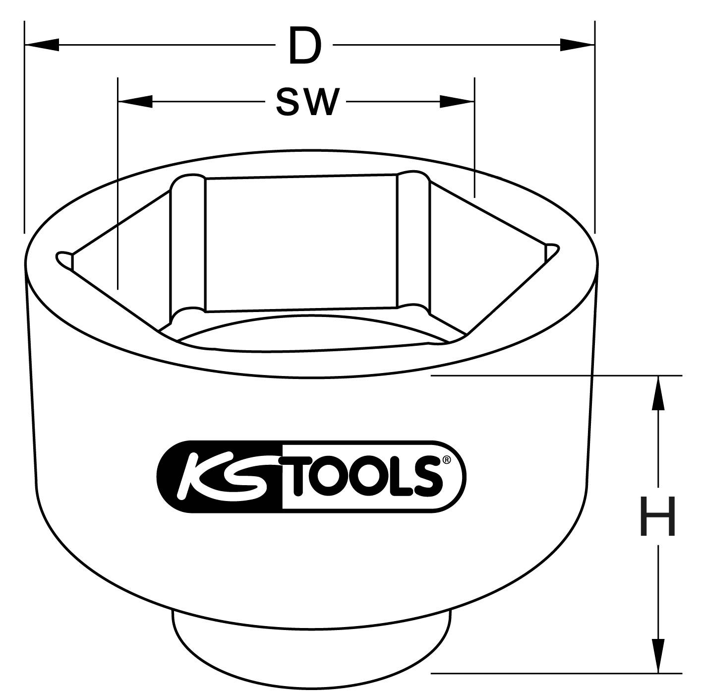 'Illustration af en topnøgle med dimensionerne D, SW og H. KS Tools-logoet er synligt.'