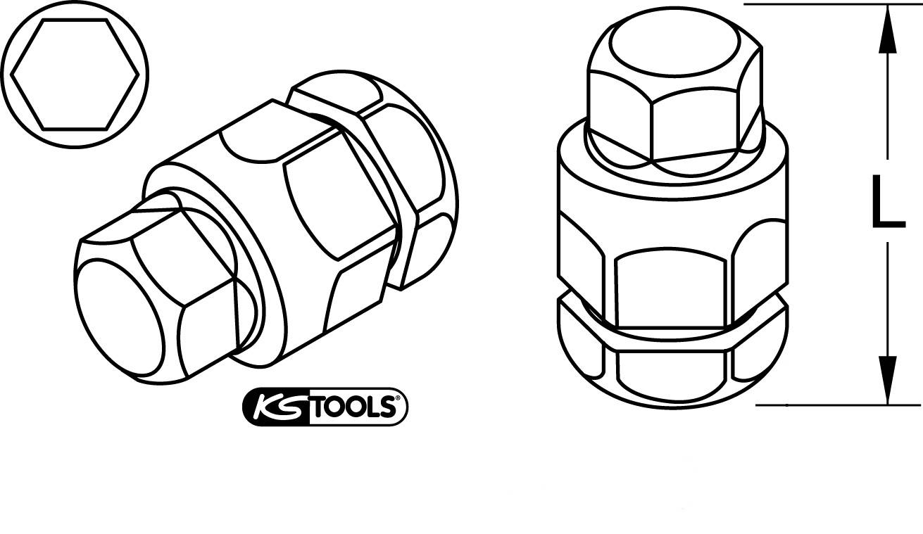 Illustration af en skruehovede med mål, vist i to perspektiver. KS Tools-logoet er synligt i bunden.
