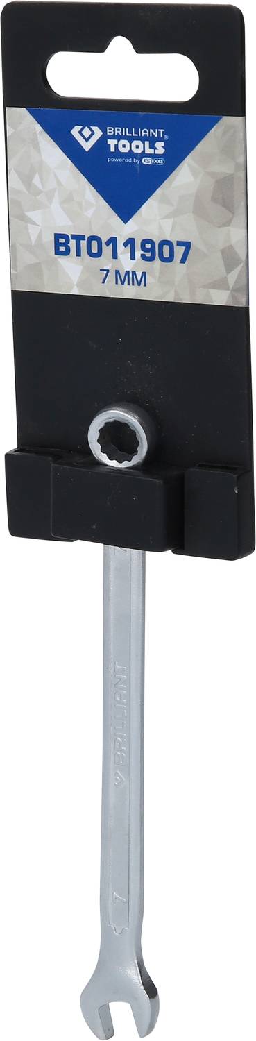 En sølvfarvet skruenøgle (7 mm) fra Brilliant Tools, ophængt på en sort emballage.