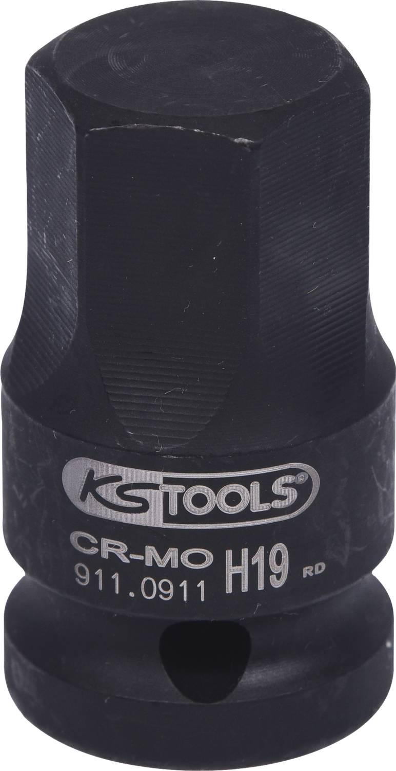Topnøgleindstik fra KS Tools, sekskant, fremstillet af CR-MO-materiale, mærket 'H19' og '911.0911'.