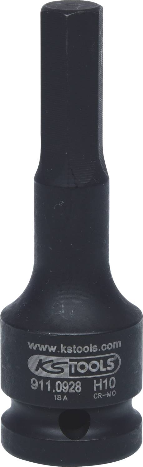 En sort skruetrækkerbit med sekskantede hoved og påskriften 'www.kstools.com 911.0928 H10 CR-MO'.