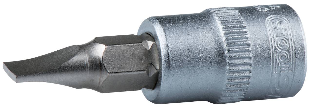 En metalbit til skruetrækker med flad klinge og sekskantskaft, egnet til skruer med kærv.