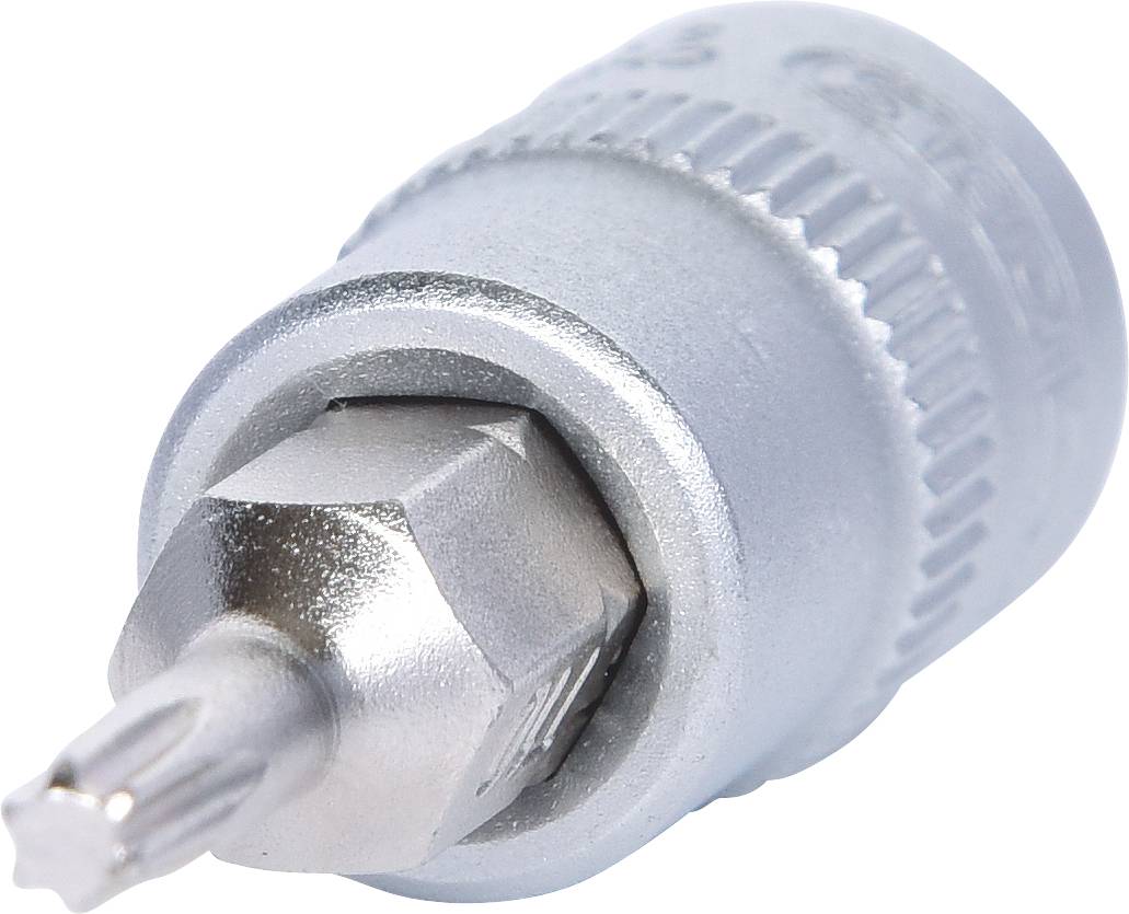 En sølvfarvet Torx-bit-indsats til skruetrækker.