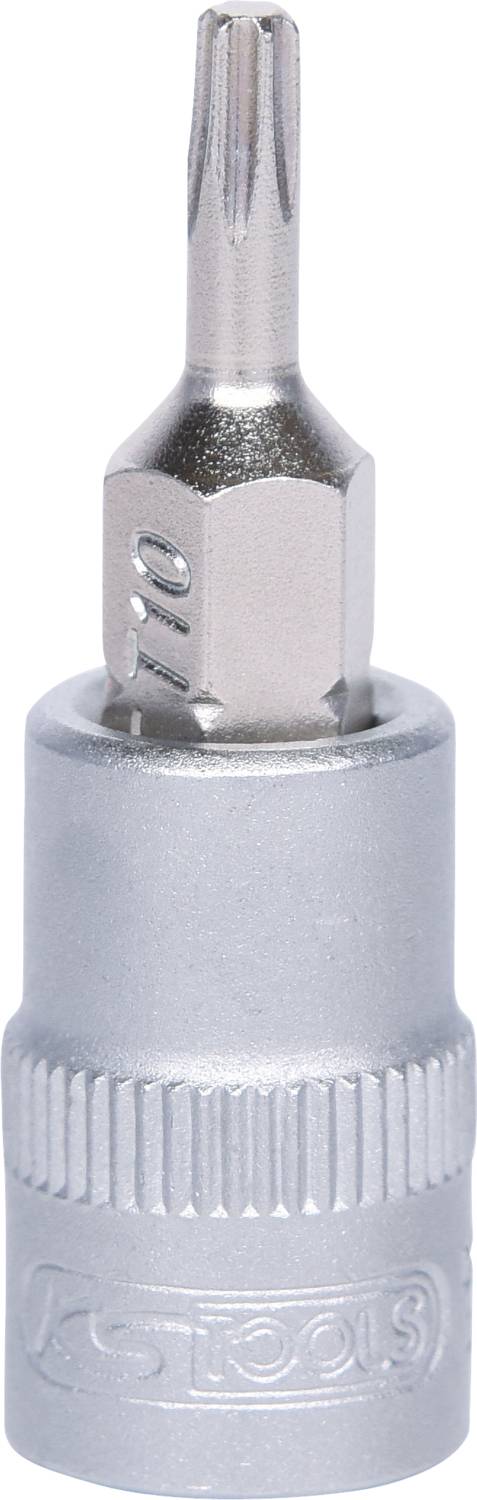 'Topnøglebit, T10, sølvfarvet, cylinderformet, egnet til Torx-skruer.'