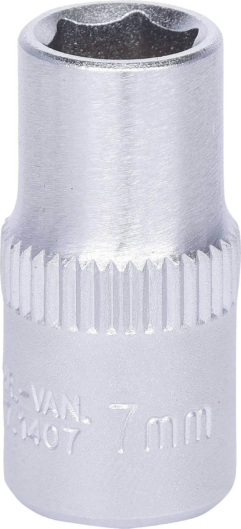 Metalnøgletop, 7 mm, sølvfarvet, riflet overflade for bedre greb, egnet til skruetrækkere og skraldenøgler.