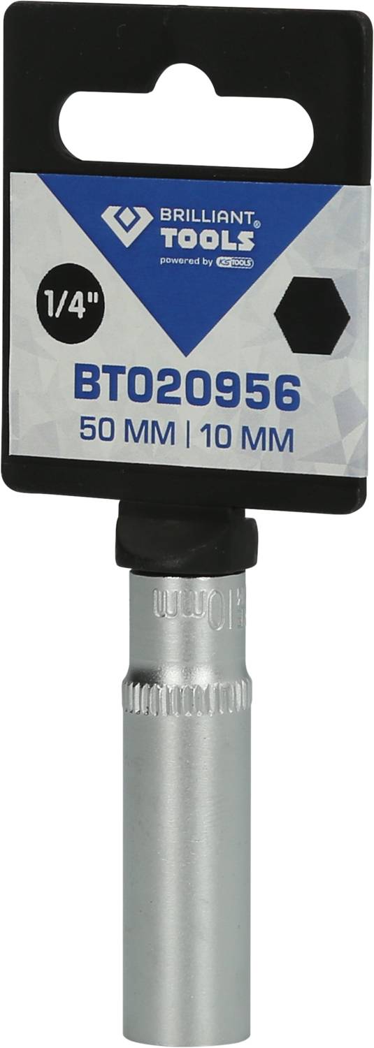 Sekskantbøsning med indstillelig længde 50 mm og 10 mm. Mærkning: 'BRILLIANT TOOLS BT020956'.