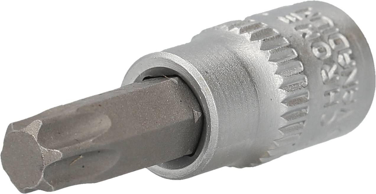 Torx-bit med sølvfarvet metalskaft, set fra siden, viser den stjernedannede spids og den rillede håndtering for bedre greb.