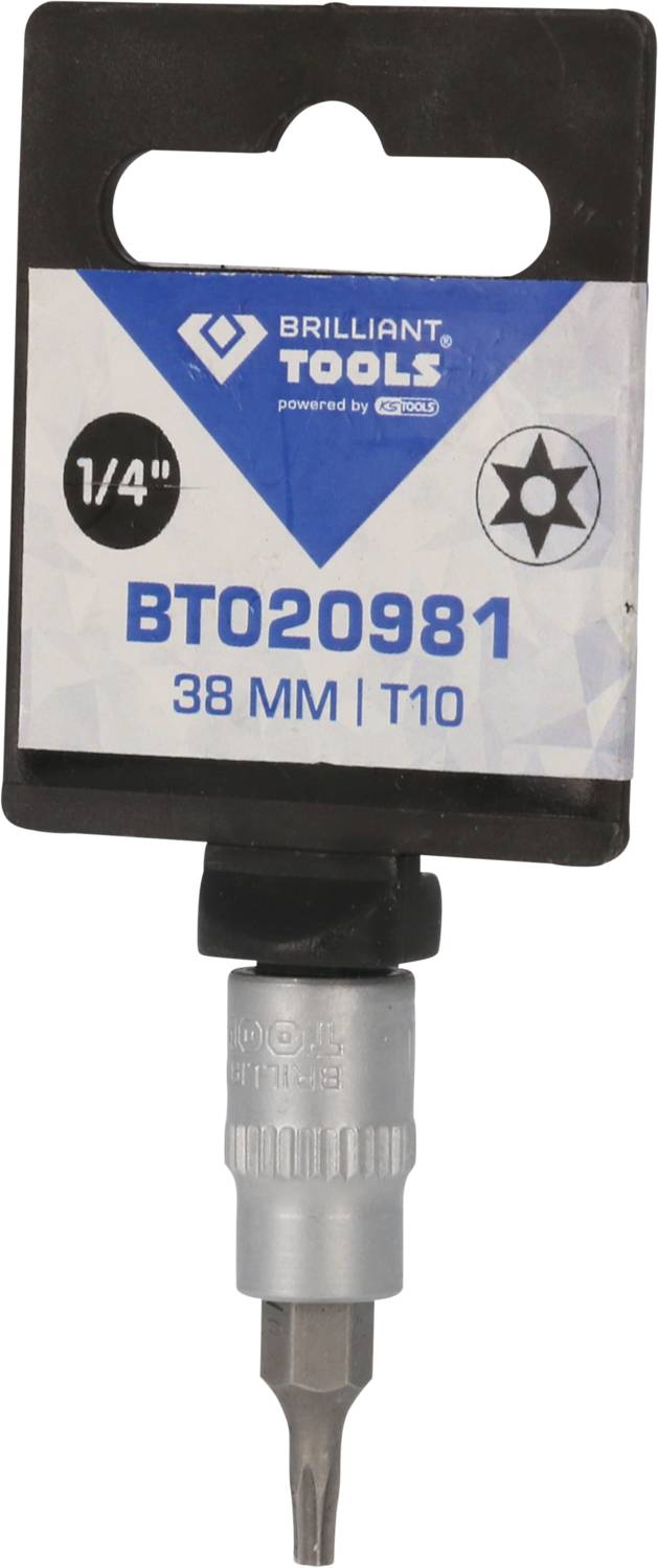 'Brilliant Tools' Torx bit T10, 38 mm, med 1/4" skaft. Sølvfarvet bit på sort baggrund.