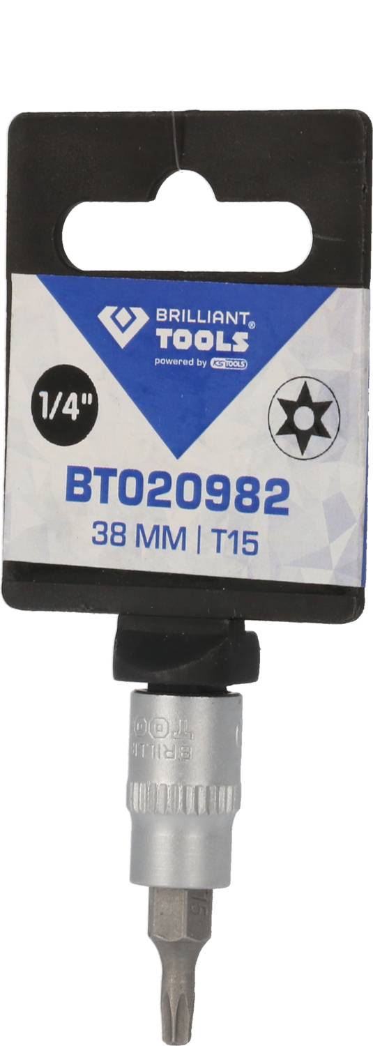 Bitindsats med emballage. Tekst: '1/4" BT020982 38 MM | T15'. Stjernet bitindsats, mærke Brilliant Tools.