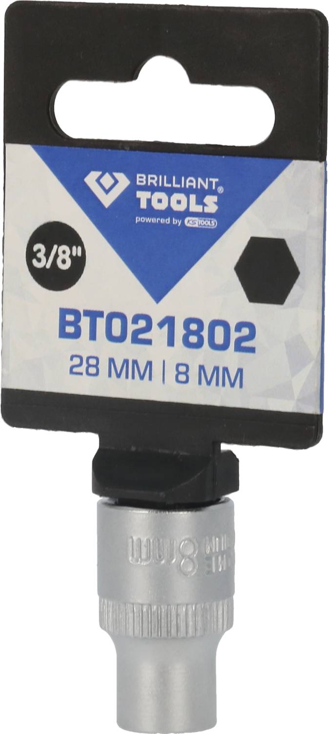 'Brilliant Tools' topnøgleindstik, 3/8 tomme drev, mål 28 mm og 8 mm. Produktemballage med hul til ophæng.