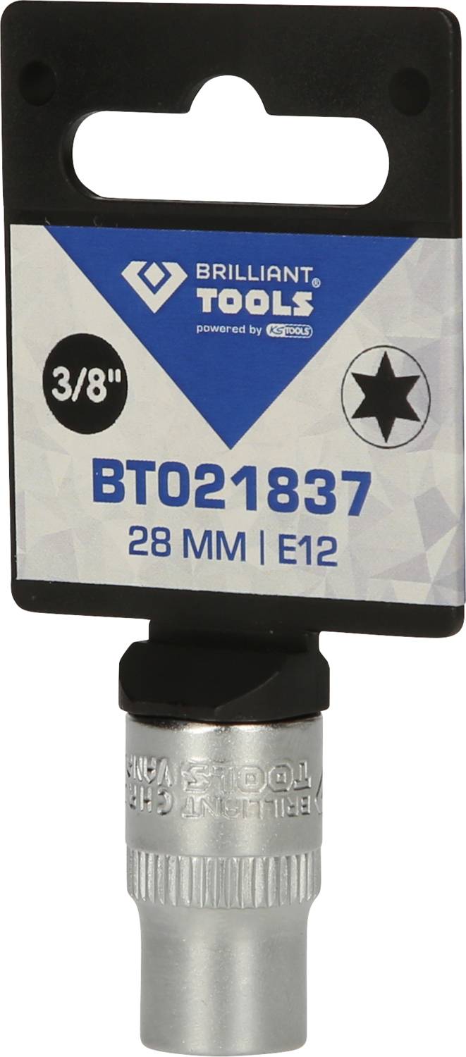 Topnøgle med E12-profil, 3/8 tomme, længde 28 mm, fra Brilliant Tools, nummer BT021837, i en emballage.