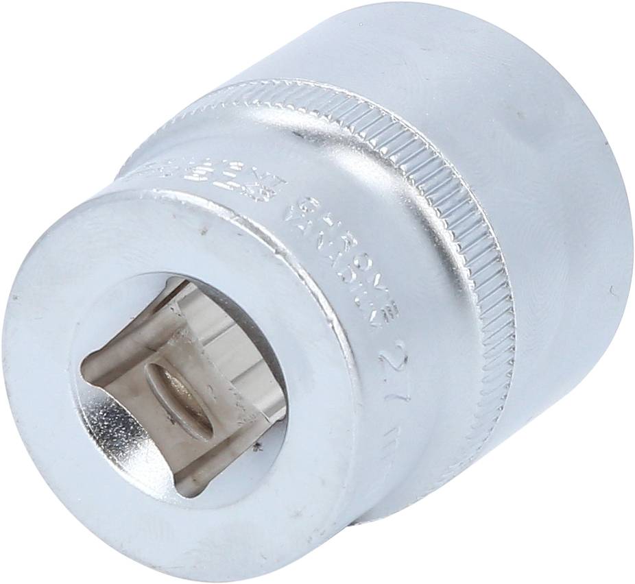 Metalstikmuffe med blank overflade, cylinderform og riflet kant. Indvendig sekskantoptagelse, egnet til værktøjer.