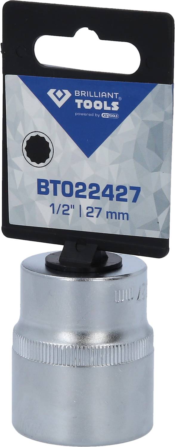 Metalnøgle med artikelnummer 'BT022427', størrelse '1/2" | 27 mm', mærke 'Brilliant Tools'. Emballage i baggrunden.