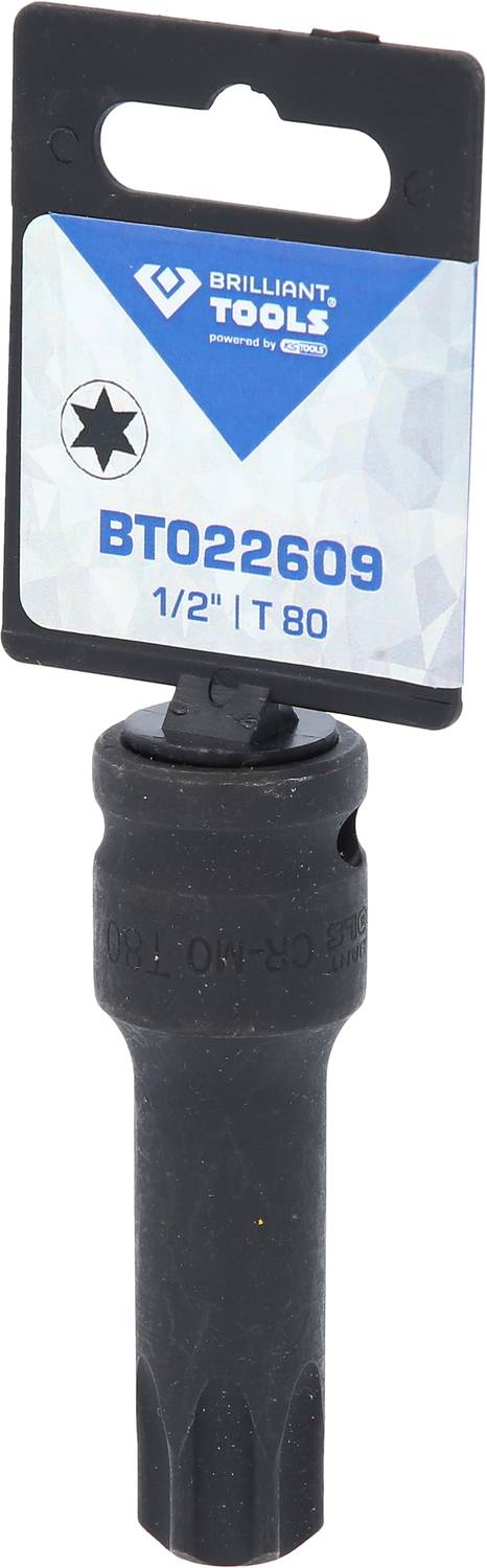 En skruebøsning med T80-hoved og påskriften 'BT022609 1/2"'. Foroven et etiket med blåt design og logoet 'Brilliant Tools'.