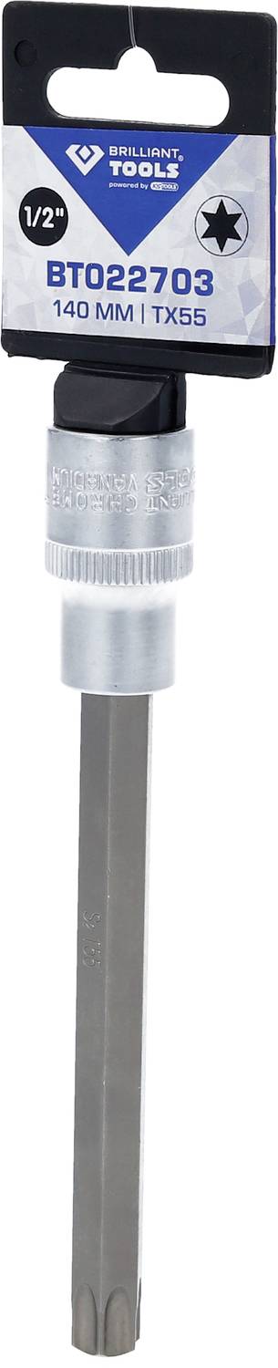 Stikbolt med 1/2-tommers sekskantfatning fra Brilliant Tools, længde 140 mm, TX55 Torx-profil, i salgspakning.