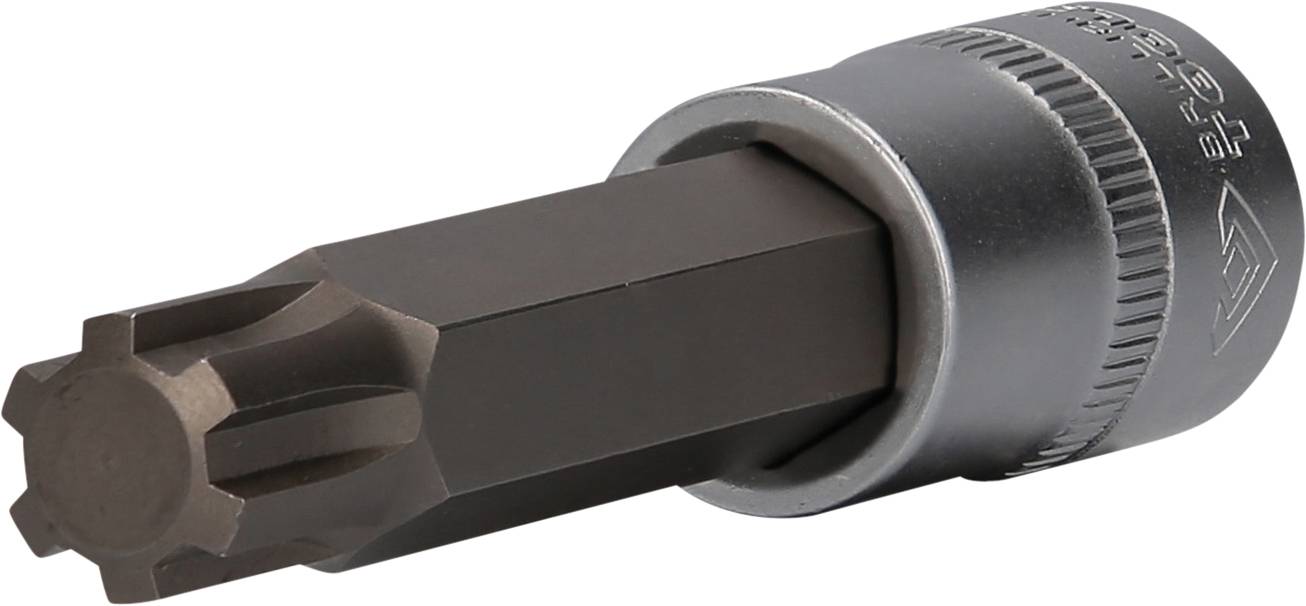 En sort Torx-bit-indsats af metal, egnet til værktøjer og skrueopgaver, med sekskantede skaft og stjerneformet spids.