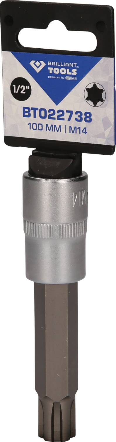 En bitsholder fra mærket Brilliant Tools med påskriften 'BT022738', 100 mm lang, 1/2'' tilslutning, M14 størrelse.