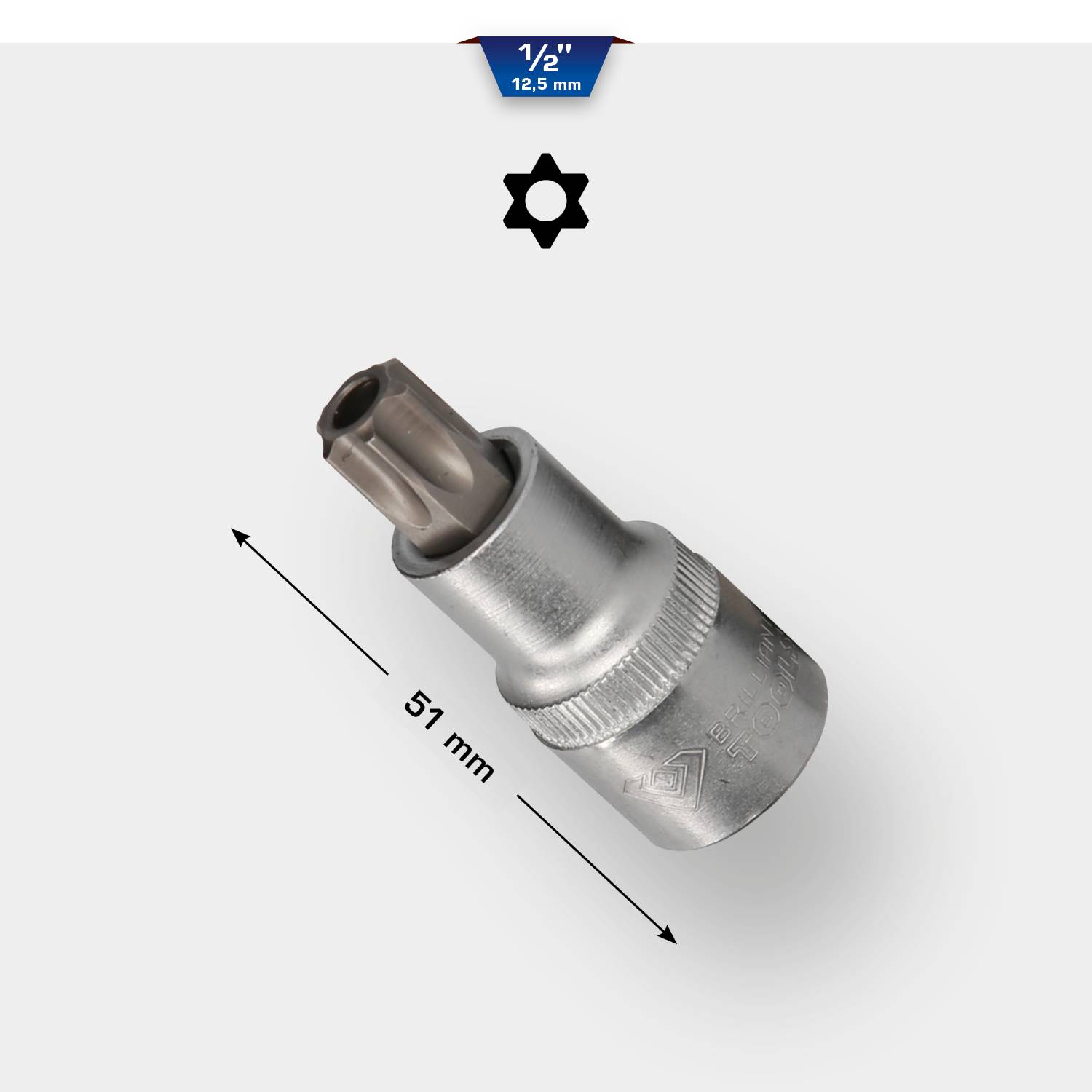 'Bit: TX20, 51 mm længde, tilslutning 1/2" 12,5 mm.' Illustration af en metalbit med en længde på 51 mm.