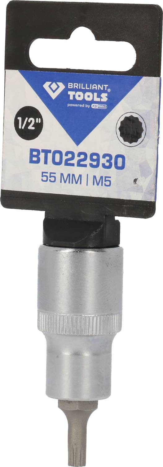 Et topnøglebit fra Brilliant Tools, størrelse 1/2 tomme, modelnummer BT022930, længde 55 mm, type M5. Pakket til salg.