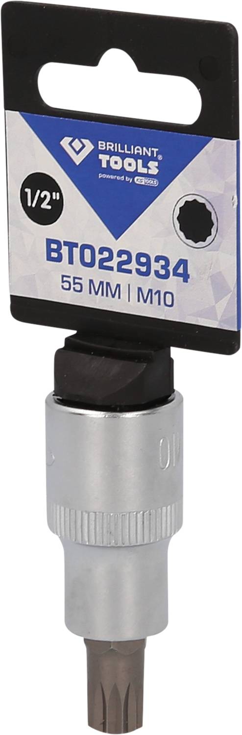 Bitindsats 'BT022934' fra Brilliant Tools, 1/2 tomme, 55 mm, M10, sølvfarvet metalkonstruktion.