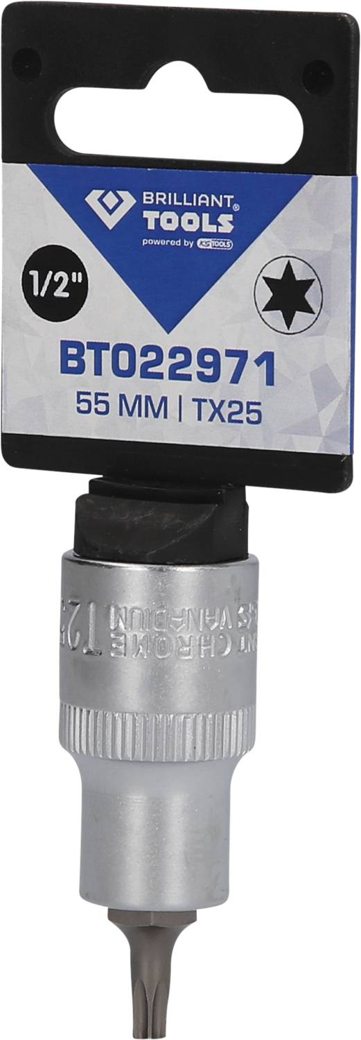 'Brilliant Tools' TX25-bitadapter, 55 mm lang, 1/2-tomme drev, modelnum­mer BT022971, vist med emballagemærkat.
