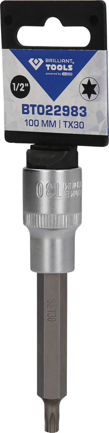 Bit i holder, mærket '1/2", BT022983, 100 mm, TX30', fra Brilliant Tools. Produktemballage med værktøjsangivelse.