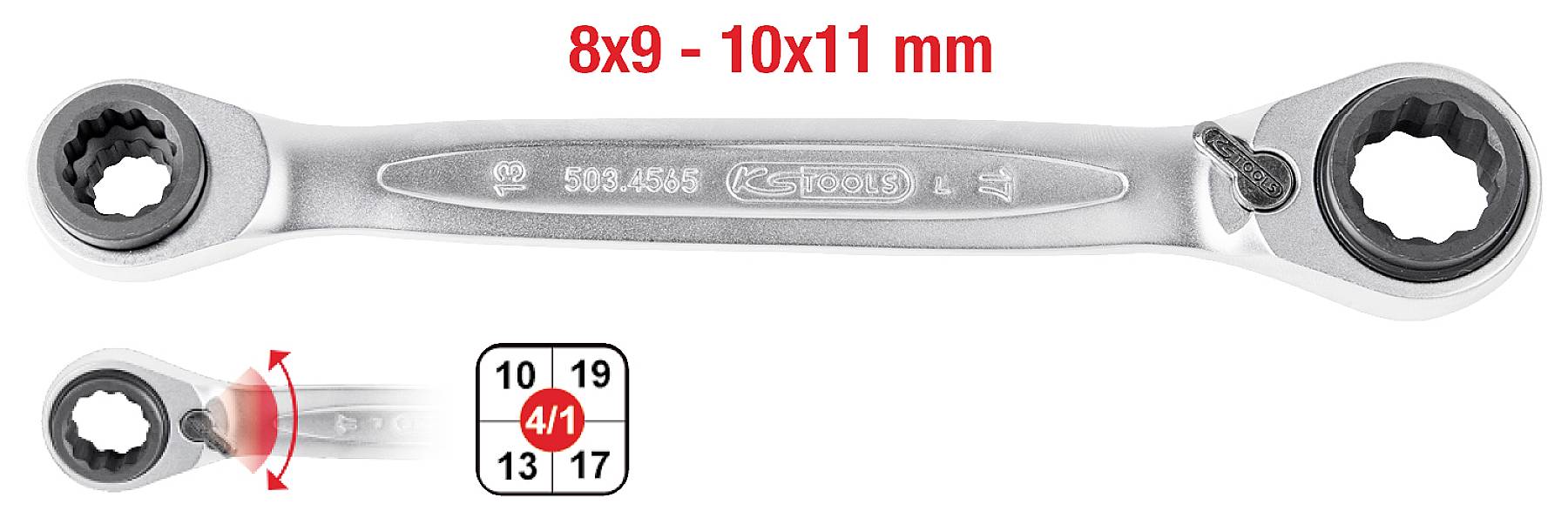 'Dobbeltsidet skraldenøgle, str. 8x9 - 10x11 mm, fleksibel, med markering for retningsskift.'