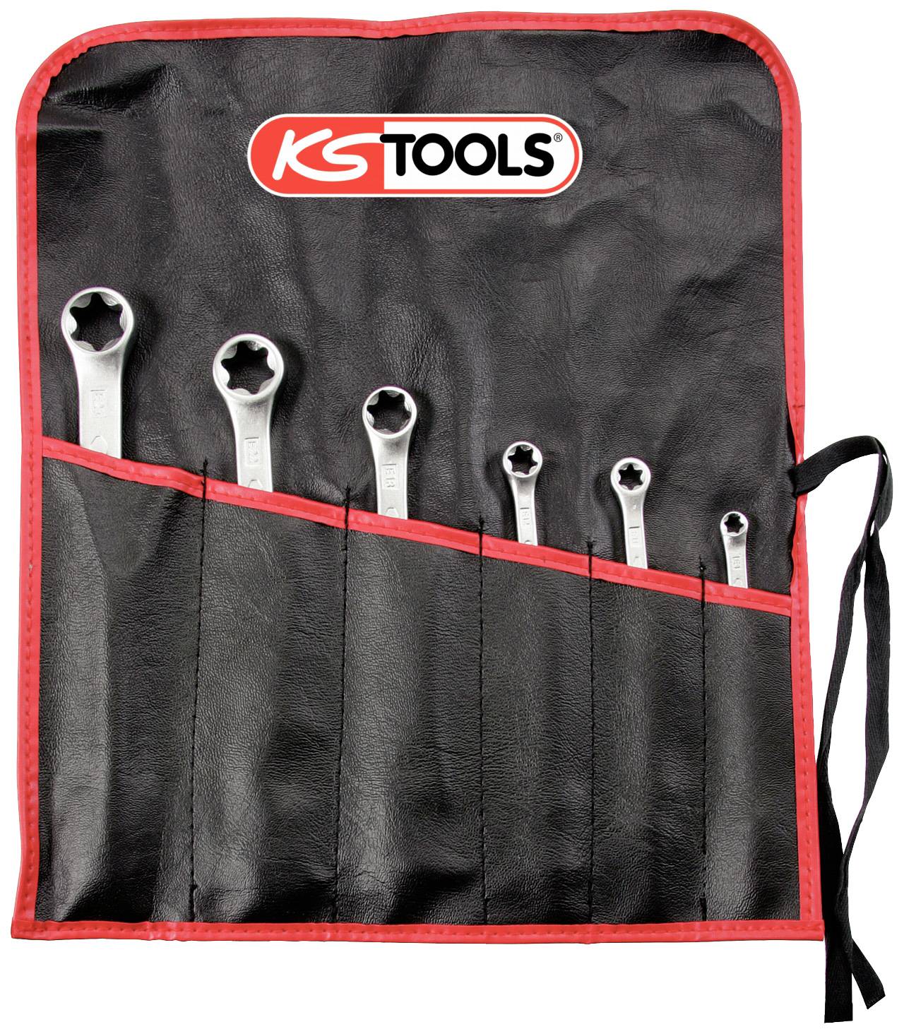 Seks ringnøgler i forskellige størrelser i en sort værktøjstaske med rød kant, forsynet med 'KS Tools'-logo.