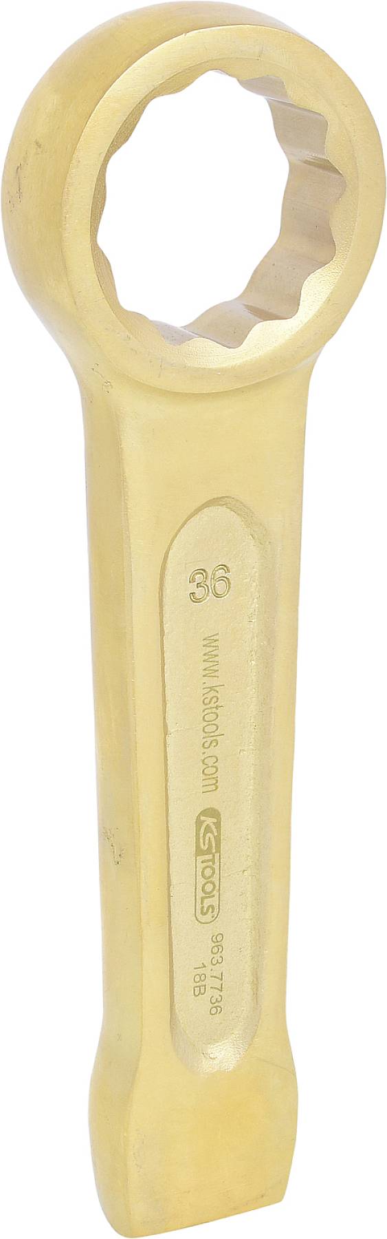 En gul skruenøgle med en ringformet ende og påskriften '36'. Struktureret grebsdesign.