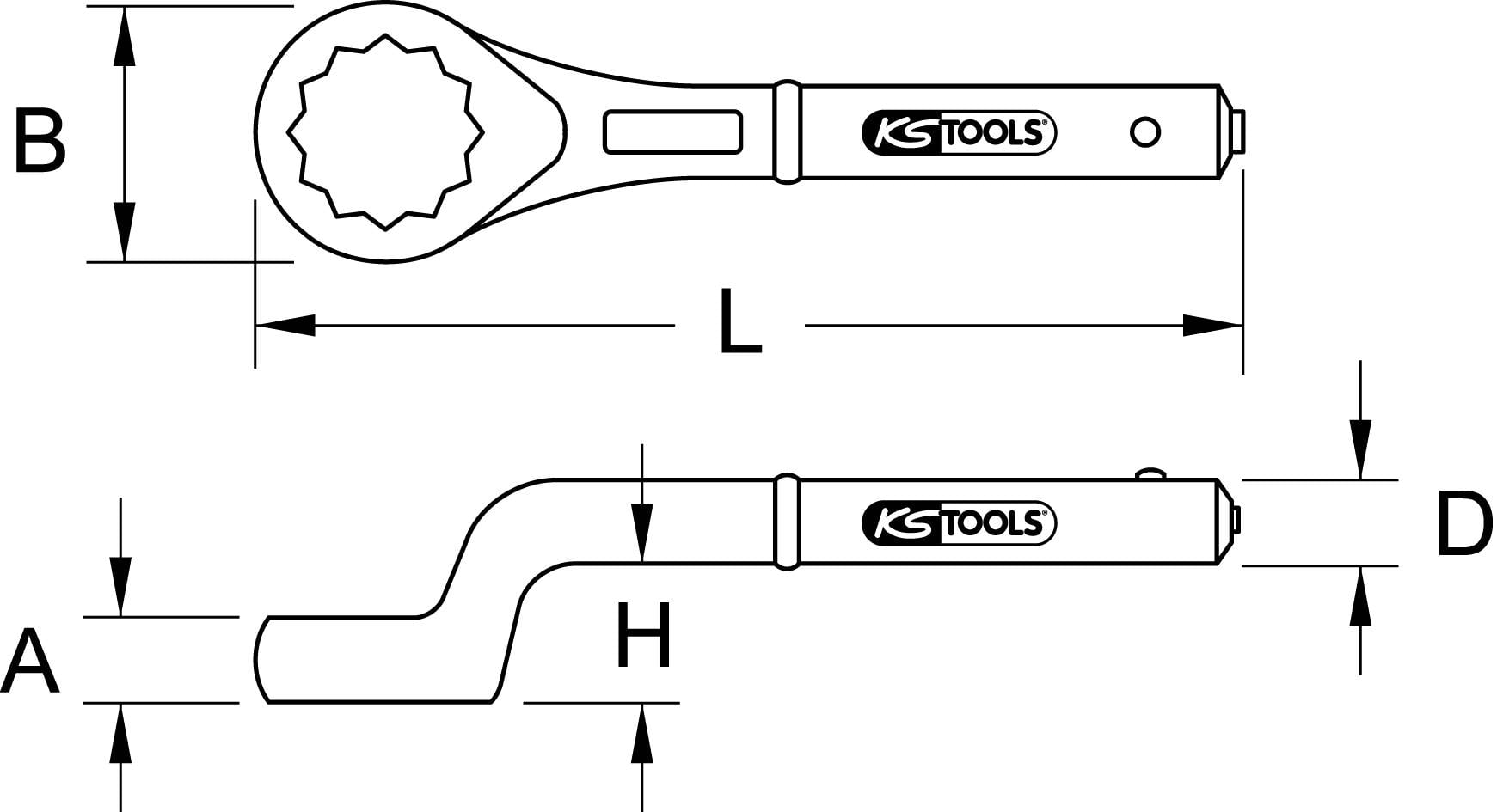 Teknisk tegning af et værktøj fra KS Tools med mål: Længde (L), Bredde (B), Højde (H), Diameter (D) og Grebbredde (A).