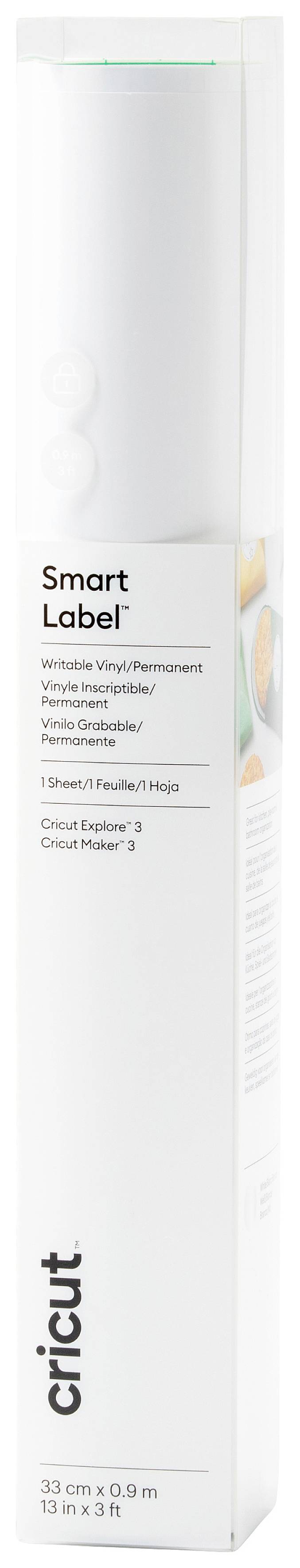 En hvid emballage til 'Cricut Smart Label', velegnet til mærkningsudstyr. Indeholder 30 cm x 0,9 m film, som kan tørres af.