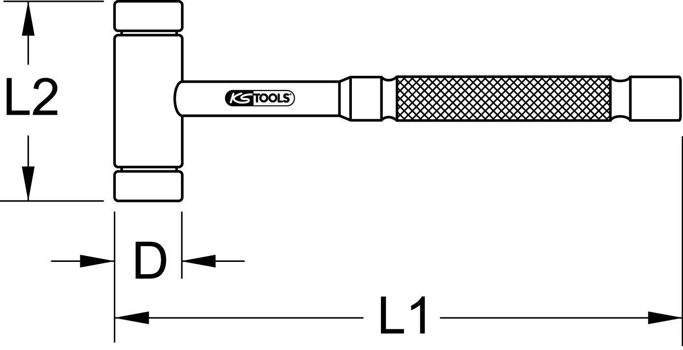Illustration af en hammer med to længdemål, L1 og L2, samt diameter D. Grebet er struktureret for et bedre greb.