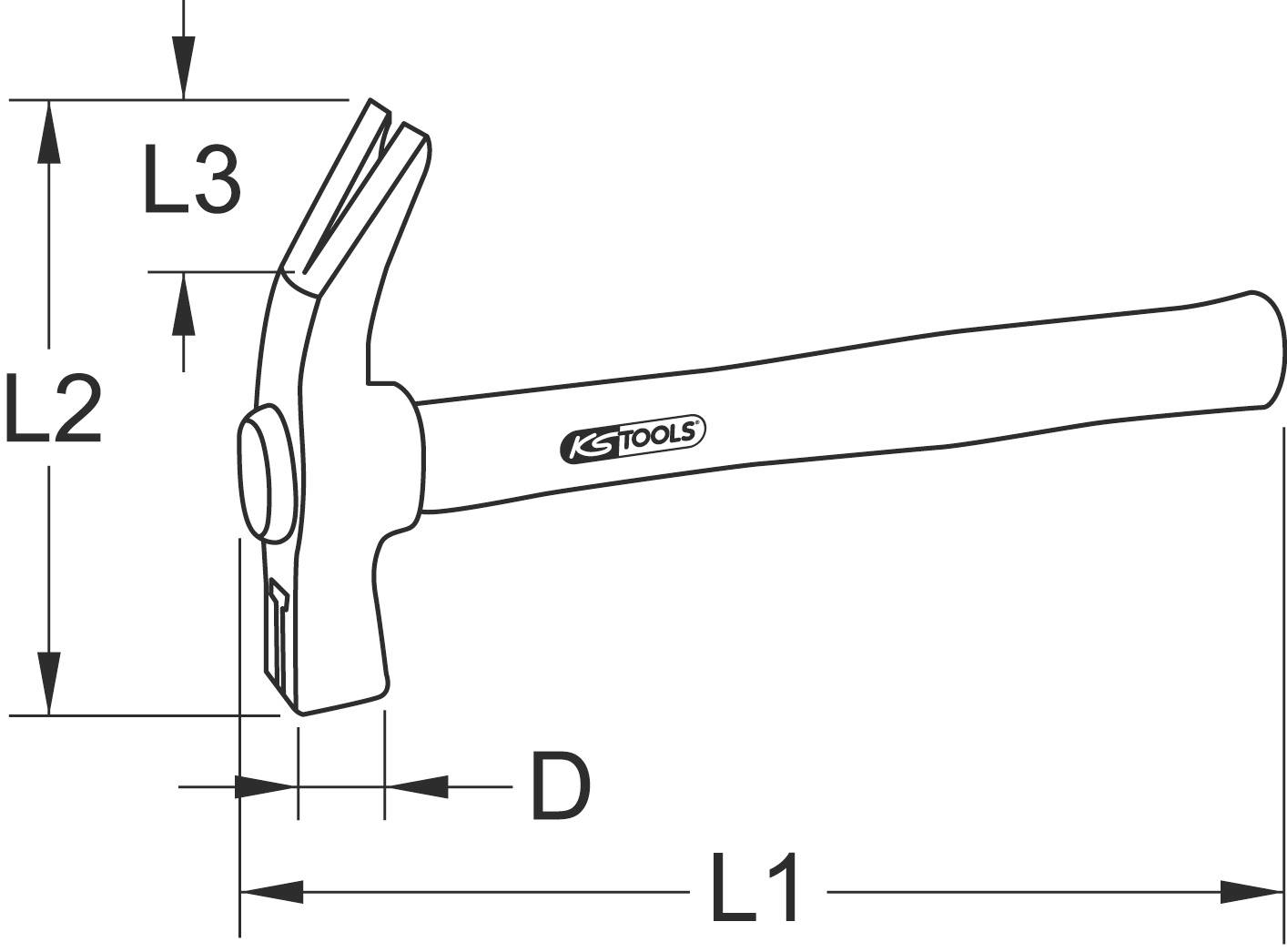 'Tegning af en hammer med dimensionerne L1, L2, L3 og D, som definerer dele af håndtaget og hovedet. KS Tools-logo på håndtaget.'