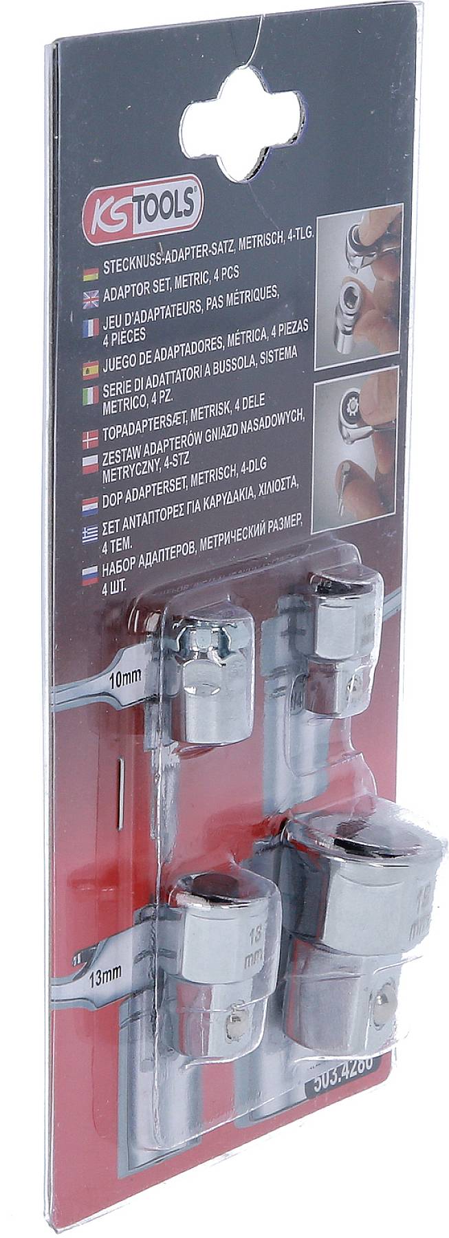Emballage med stikdoseadaptere fra KS Tools, viser fire metaladaptere. Etiket med produktnavn og tekniske detaljer.