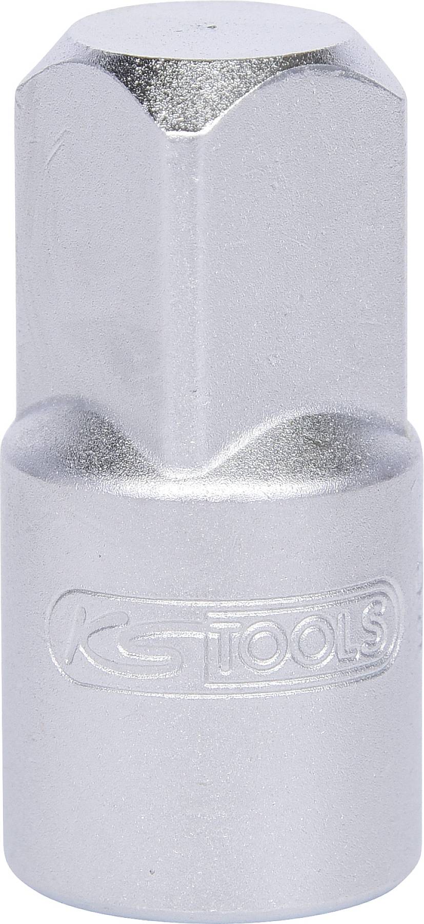 En sølvfarvet topnøgleindstik af metal, cylinderformet med riflet spids. På siden er logoet 'KS TOOLS' trykt.
