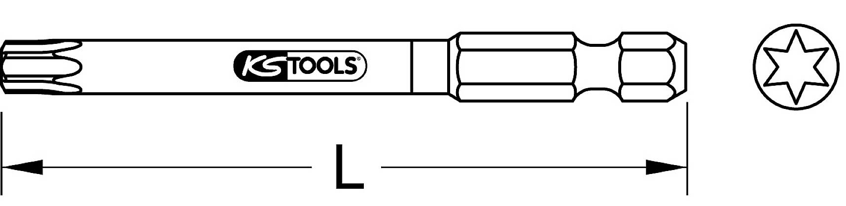 Tegning af et skruetrækerindsats med sekskant og Torx-profil. Længde 'L' vises med dobbeltpile.
