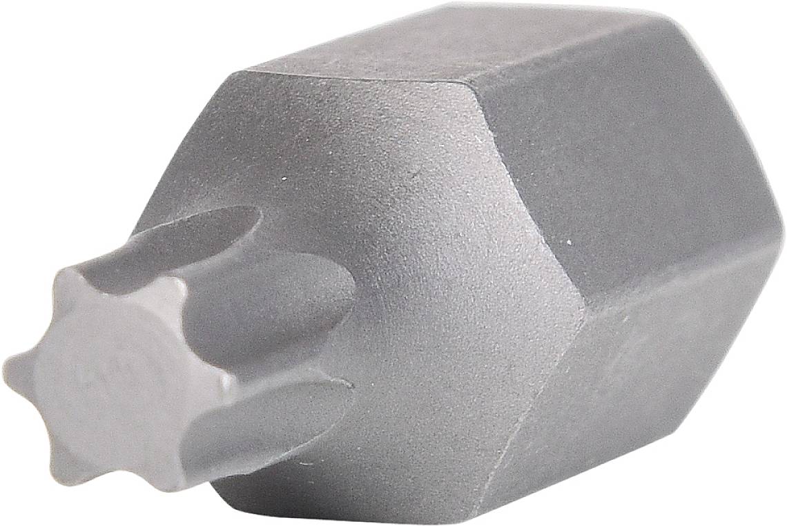 En grå metaladapter med sekskant- og stjerneformet overflade, sandsynligvis et værktøjstilbehør.