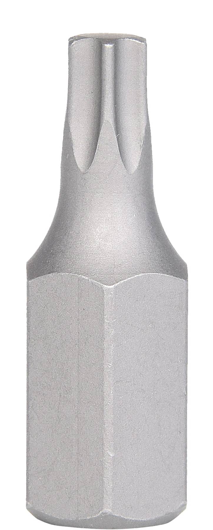 En sølvfarvet skruetrækkerindsats med Torx-profil, der bruges til at løsne eller stramme skruer med en matchende hovedform.