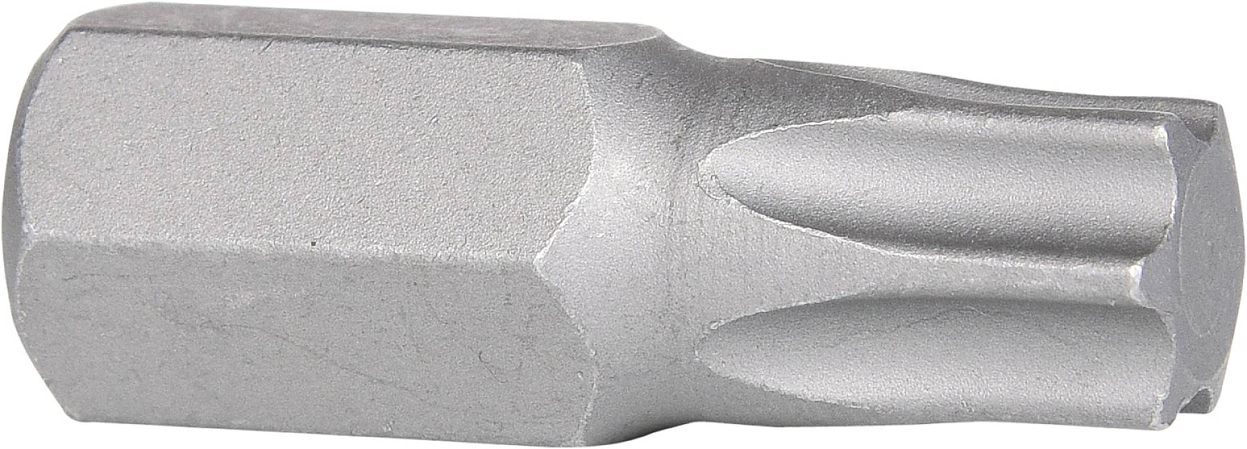 En sølvfarvet Torx-bit af metal med sekskant base og stjerneformet spids, bruges til skruetrækkere eller boremaskiner.