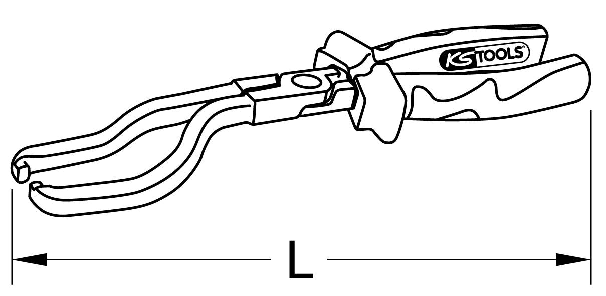 Illustration af en tang med buede kæber. Håndtagene er mærket med 'KS Tools'. En linje viser tangens længde.