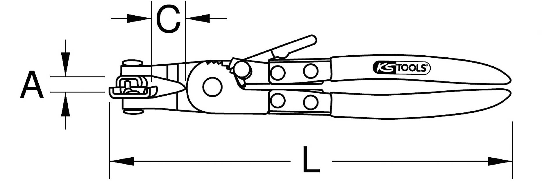 Illustration af en slangeklemmetang med måleangivelser A, C og L, mærke KS Tools, til stramning eller løsning af slangeklemmer.