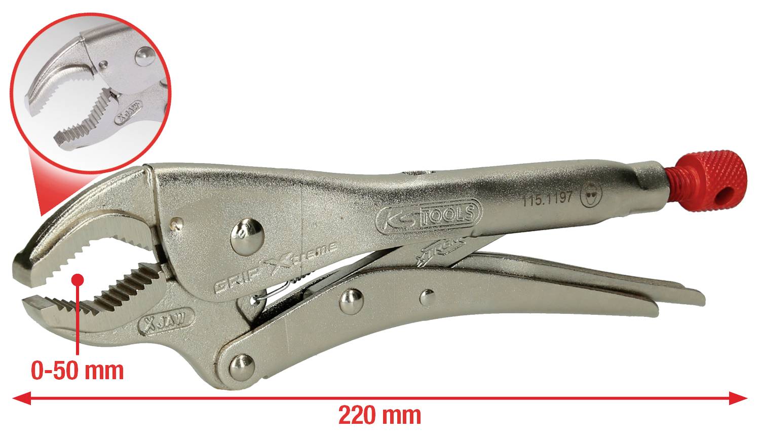 En sølvfarvet gribetang med justerbar åbning fra 0-50 mm, længde 220 mm. Nærbillede viser savtakkede kæber.