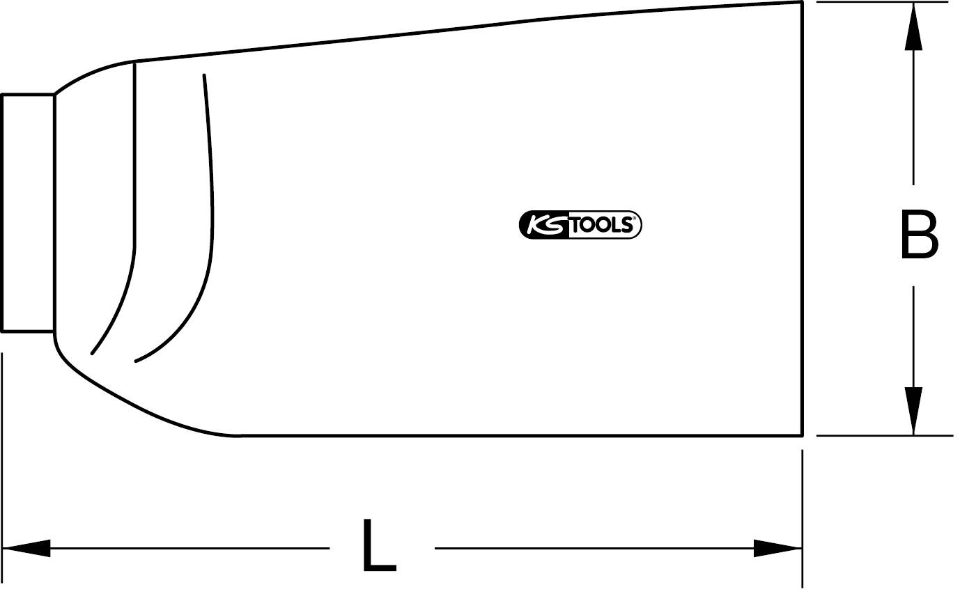 Diagram over et værktøjstilbehør fra mærket 'KS Tools' med dimensionerne L (Længde) og B (Bredde), set fra siden.