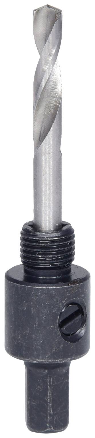 Bor med adapter til præcis boring i forskellige materialer, viser metalbor fastgjort til sort holder.