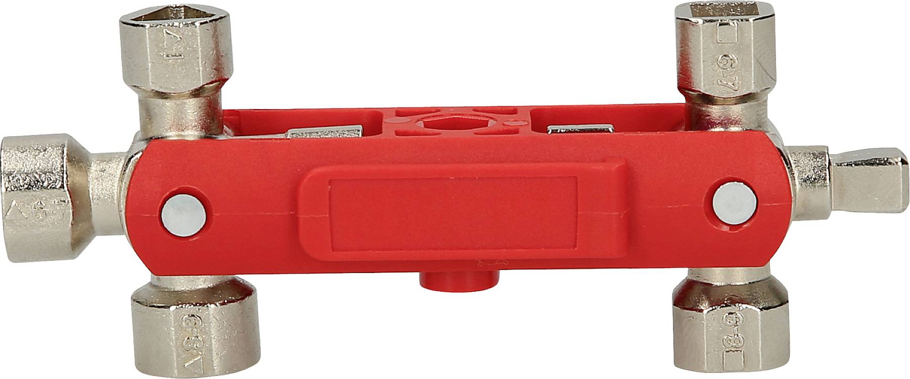 Rødt multifunktionsværktøj med fire forskellige sokkelstørrelser i enderne, beregnet til installation og vedligeholdelse af varmeanlæg.