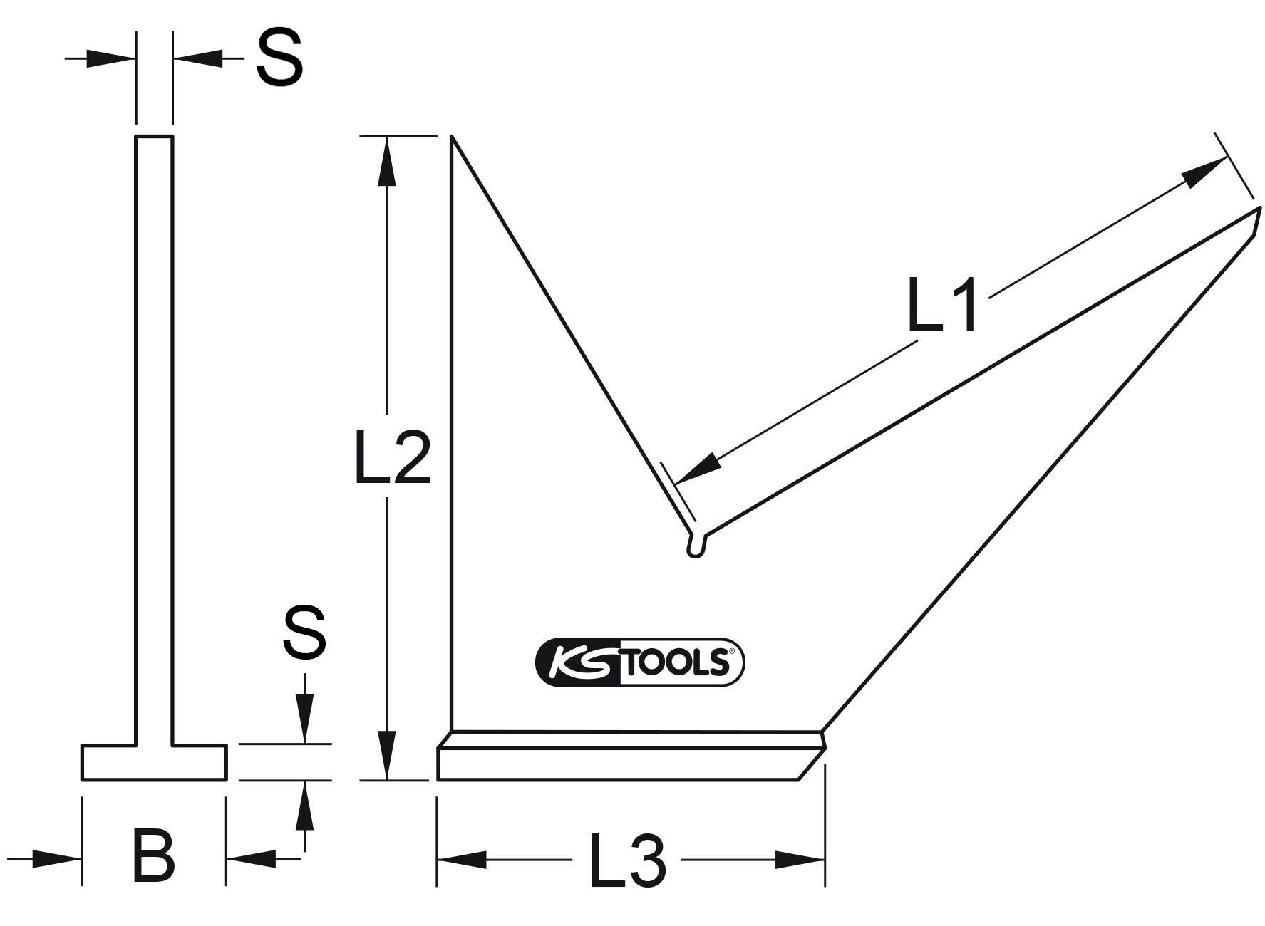 Teknisk tegning af en trækker med dimensionsangivelser: L1, L2, L3, B, S. Mærket med logoet 'KS TOOLS'.