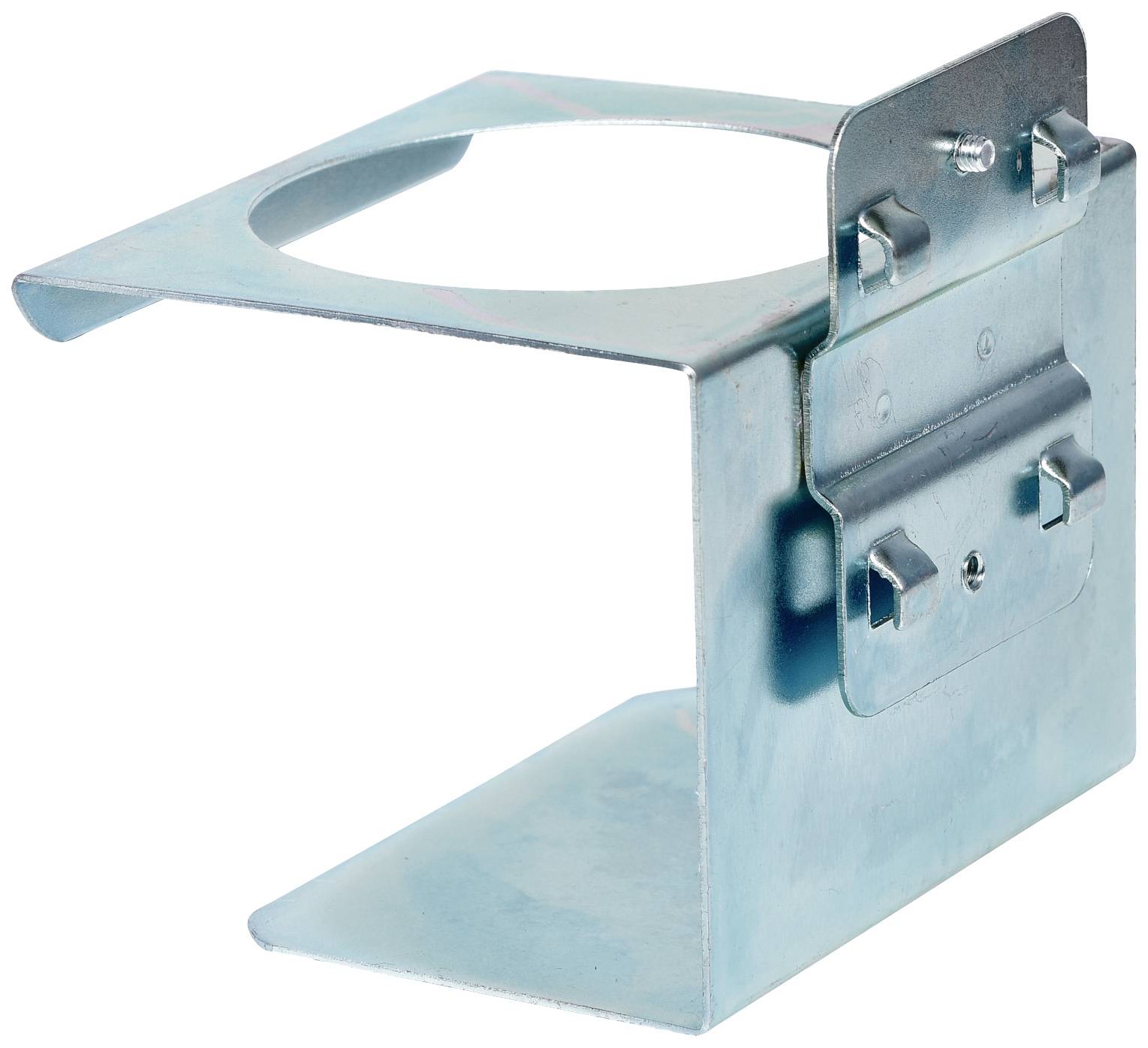 Metalholder, firkantet, med cirkulær åbning øverst og monteringsplade i siden. Egnet til montering på vægge.