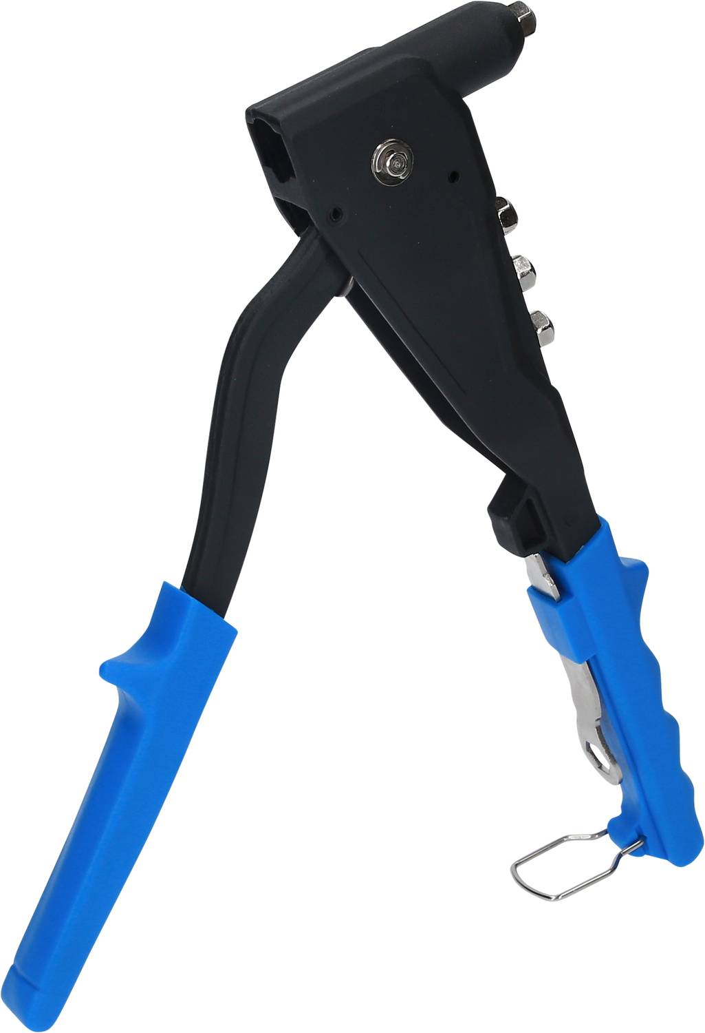 Håndbetjent popnittang med blå håndtag, bruges til at forbinde nitter i metal- eller plastdele.