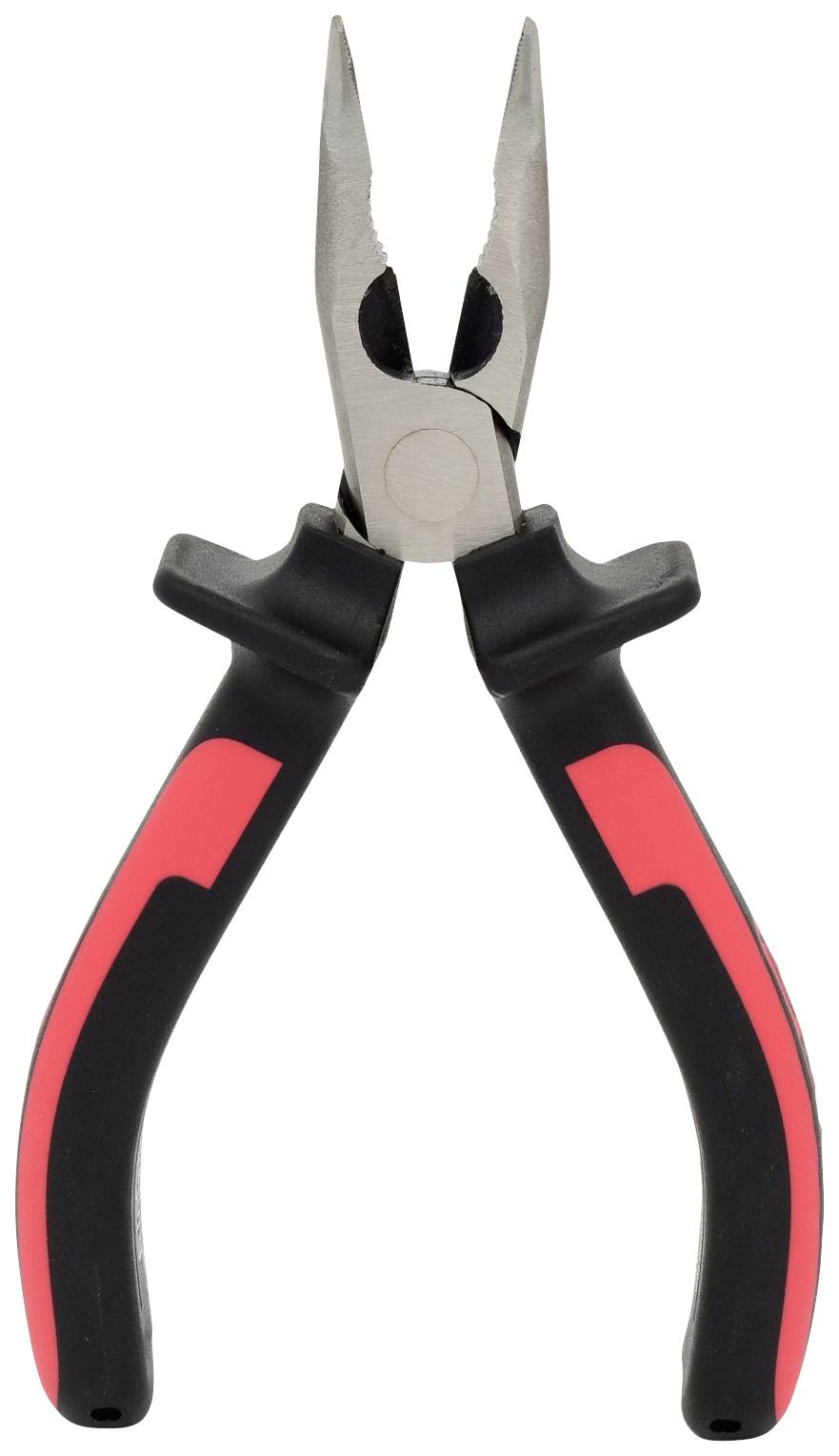 Rød og sort spidstang med ergonomiske greb, åben, på hvid baggrund. Værktøj til at gribe små objekter.